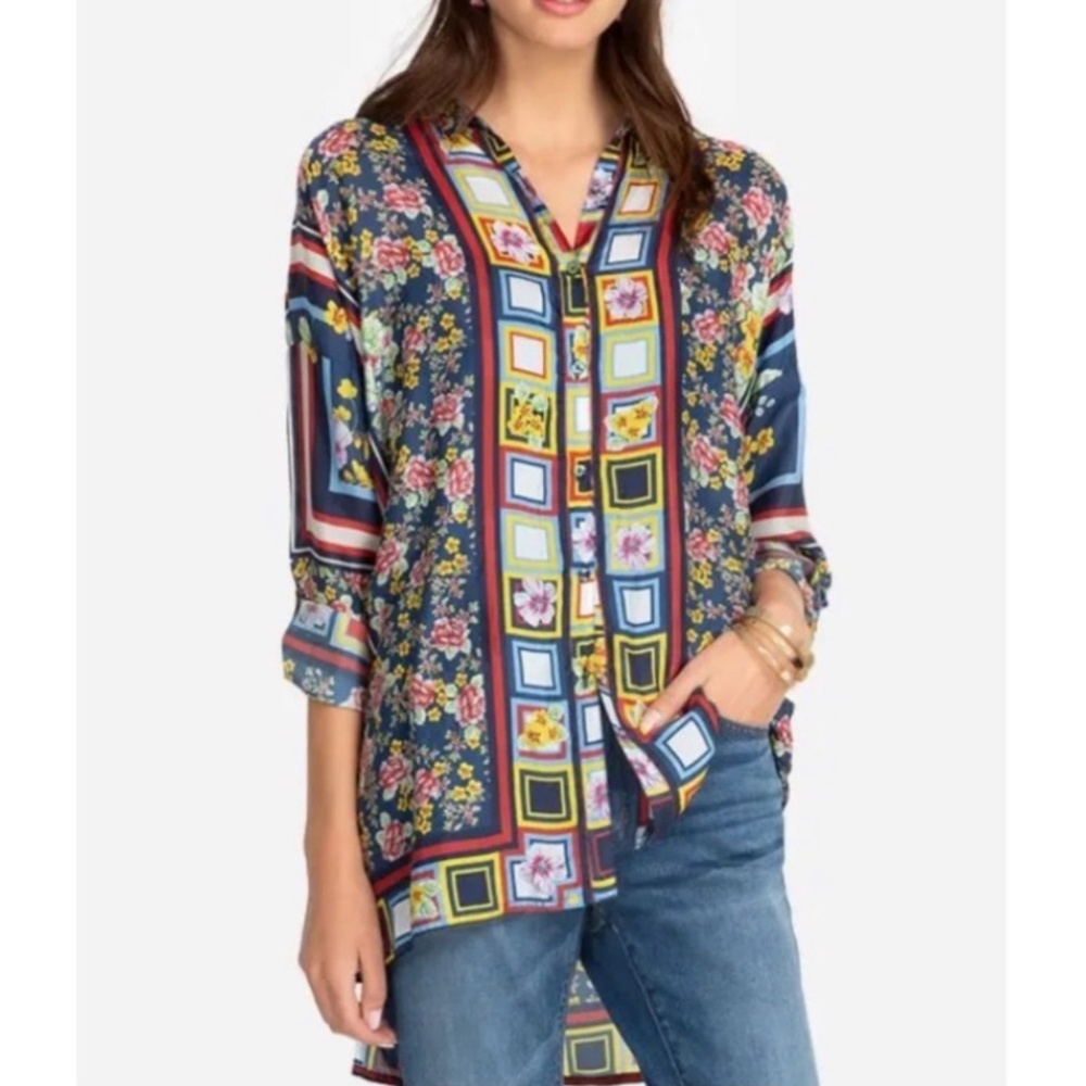 Johnny Was Delphine Printed Silk Floral Blouse Tunic Long Sleeve Size XS
